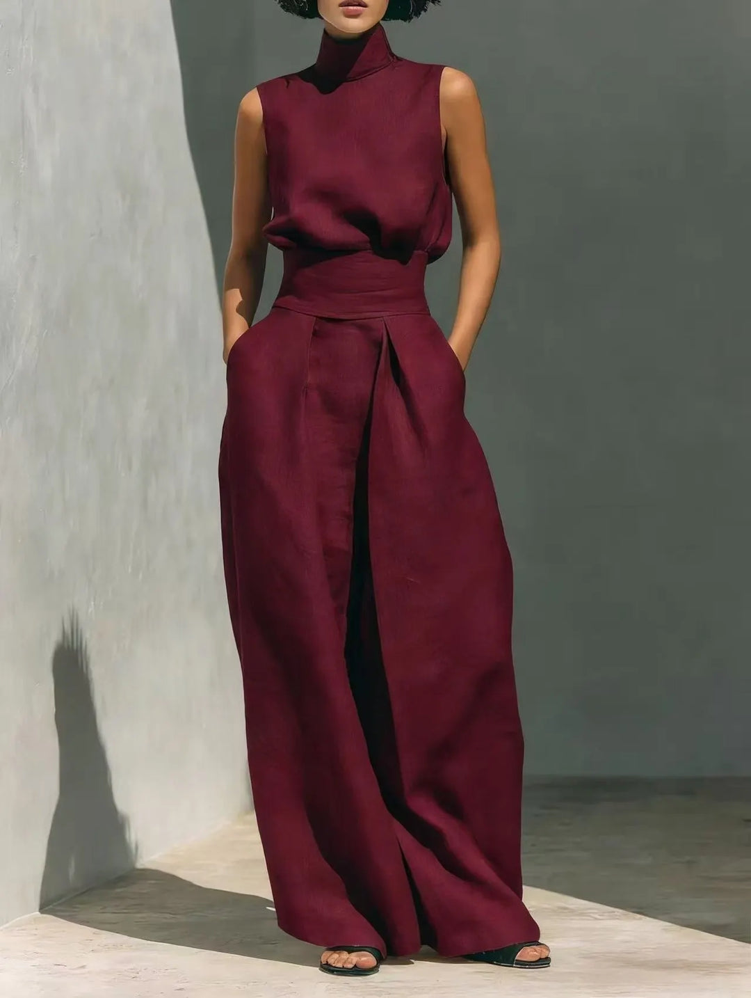 Casual Sleeveless Suit Summer Stand-up Collar Pullover Top And Loose Straight-leg Trousers
