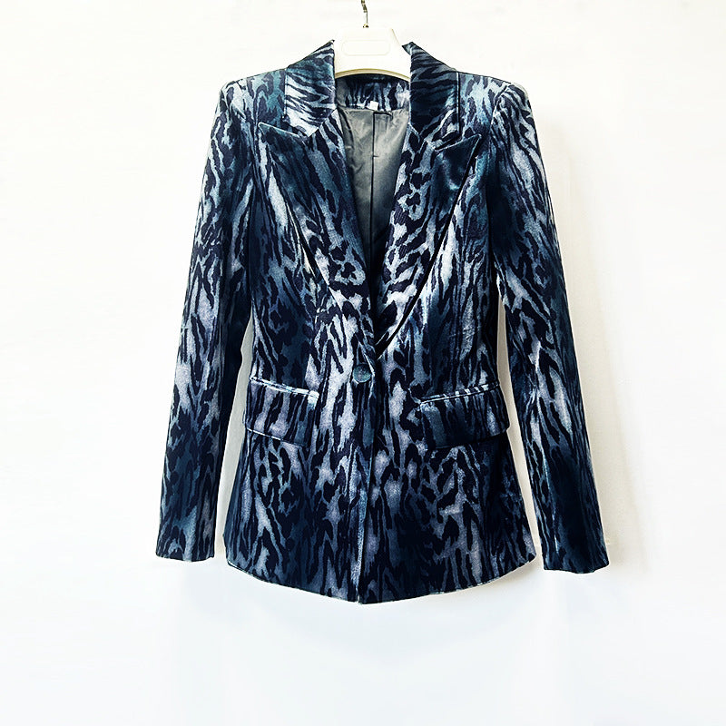 Teal Abstract Leopard Velvet Blazer & Flared Floor Pants 2-Piece Suit Set