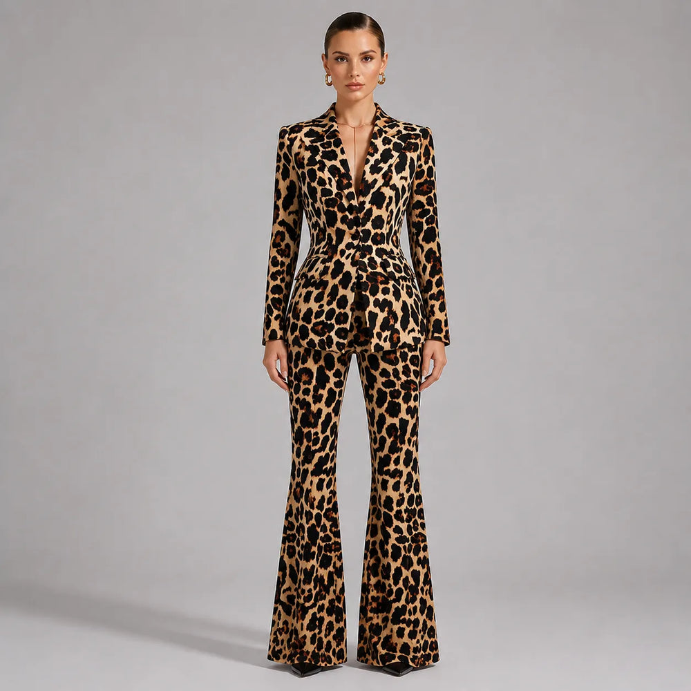 Leopard Print Single Button Blazer & Flared Floor Pants 2-Piece Suit Set