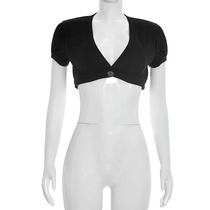 Sexy V-neck Versatile Pleated Button-front Crop Top