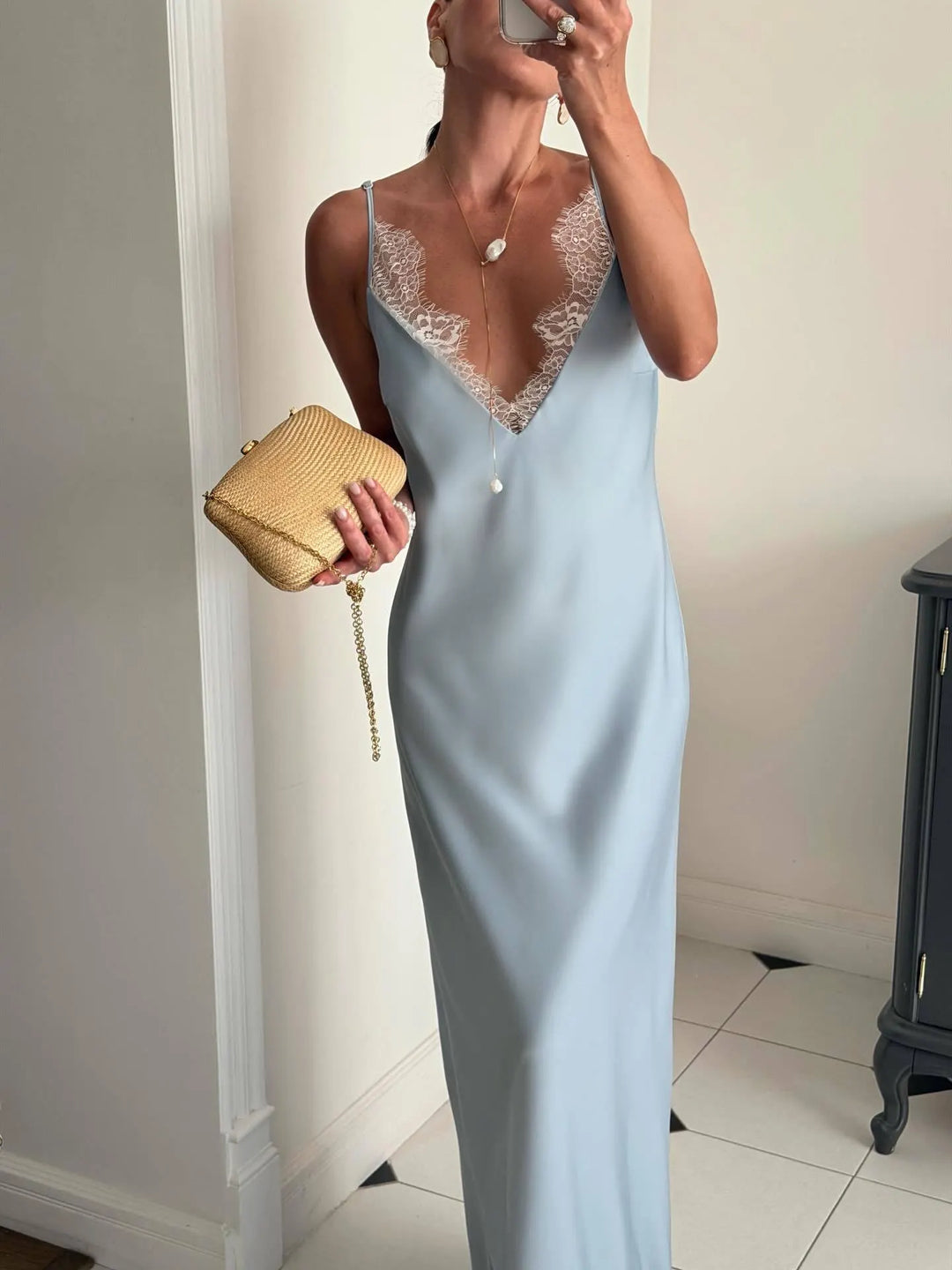 Lace Trim V-Neck Spaghetti Strap Maxi Slip Dress