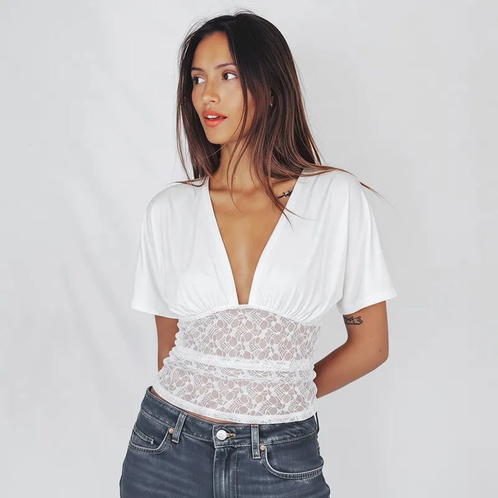 Womens Deep V-Neck Batwing Sleeve Patchwork Lace Pullover Top