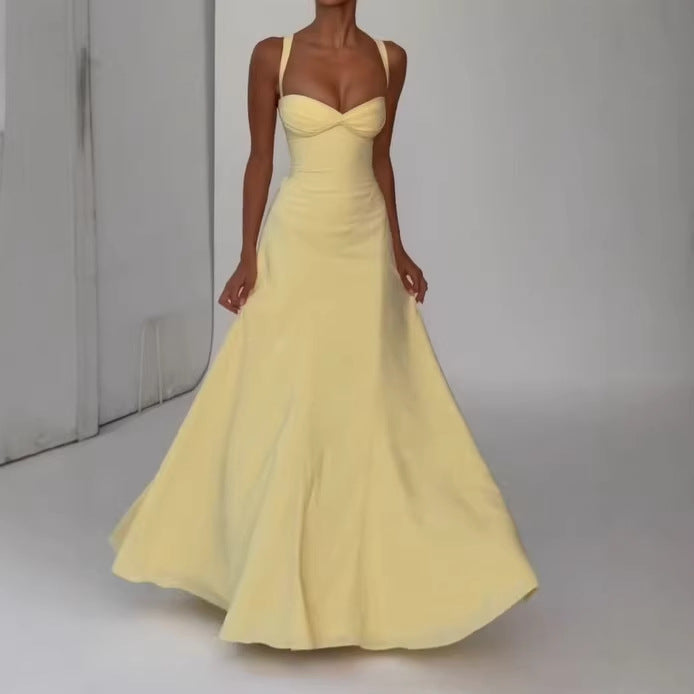 Backless Solid Color Asymmetrical Strap Long Dress