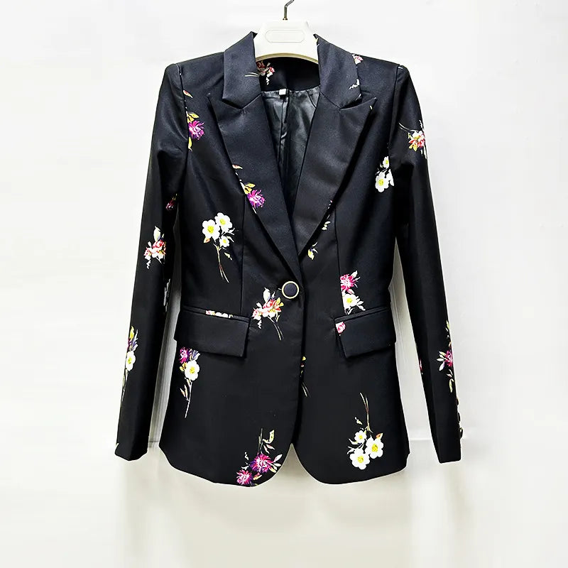 Floral Print Single Button Blazer &amp; Floor-Length Flared Pants 2-Piece Suit Set