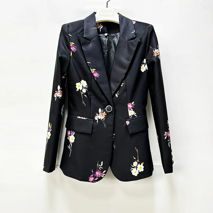 Floral Print Single Button Blazer &amp; Floor-Length Flared Pants 2-Piece Suit Set