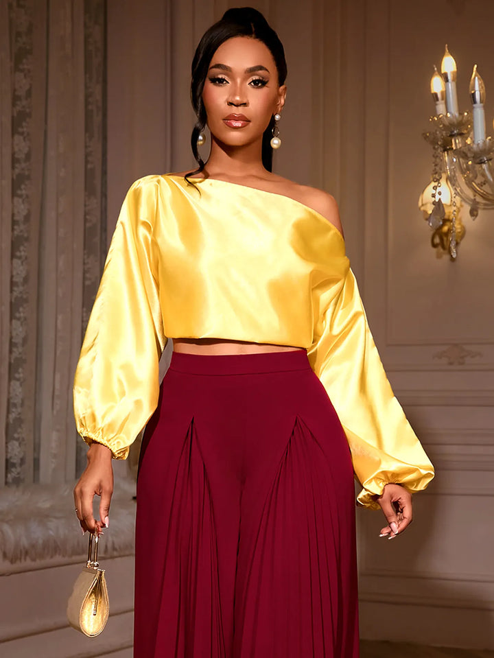 One Shoulder Balloon Puff Sleeve Cropped Blouse