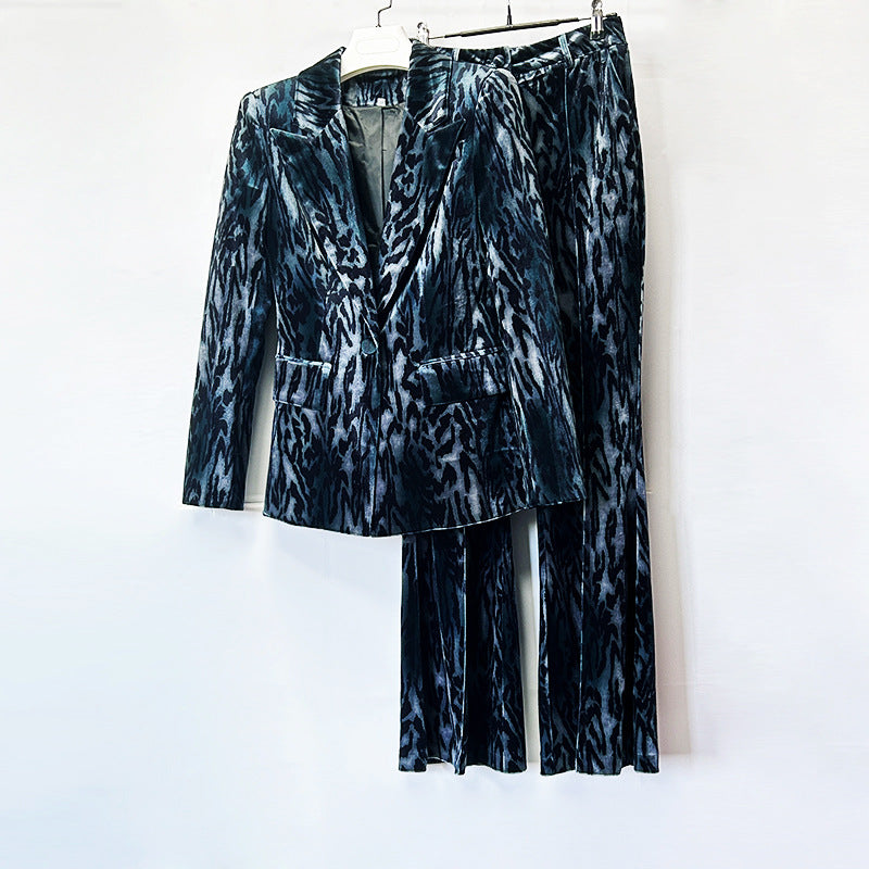 Teal Abstract Leopard Velvet Blazer &amp; Flared Floor Pants 2-Piece Suit Set