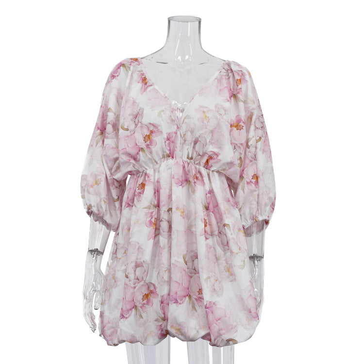Sexy Open-Back V-Neck Puff-Sleeve Tie-Waist Dress