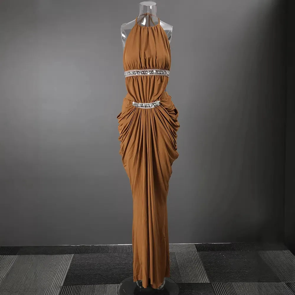Halter Rhinestone Waist Double Ruched Mermaid Maxi Evening Dress