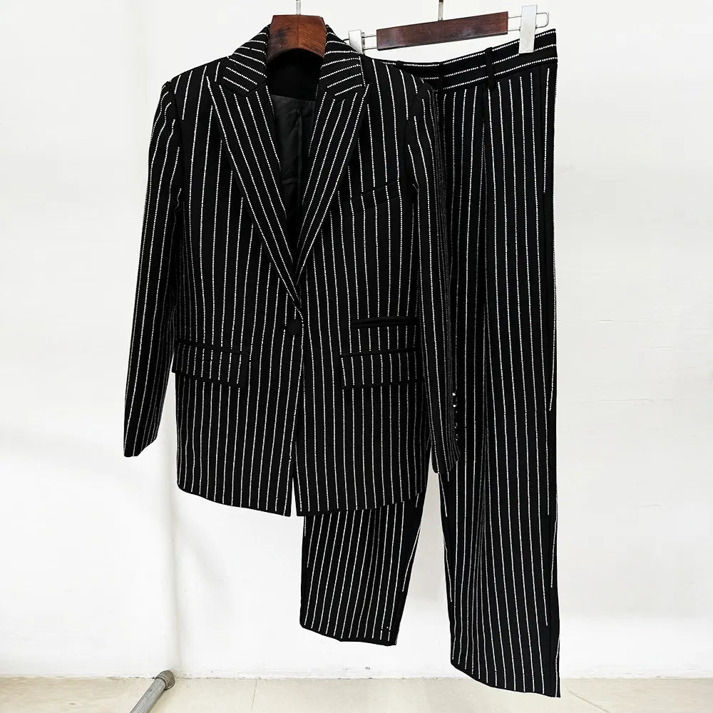 Glitter Vertical Stripe Single Button Blazer &amp; Straight Suit Pants 2-Piece Set