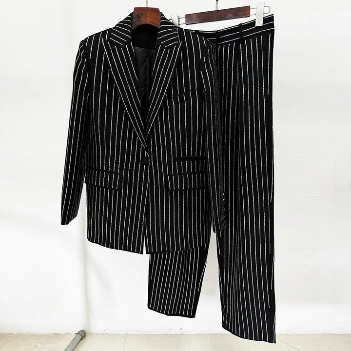 Glitter Vertical Stripe Single Button Blazer &amp; Straight Suit Pants 2-Piece Set