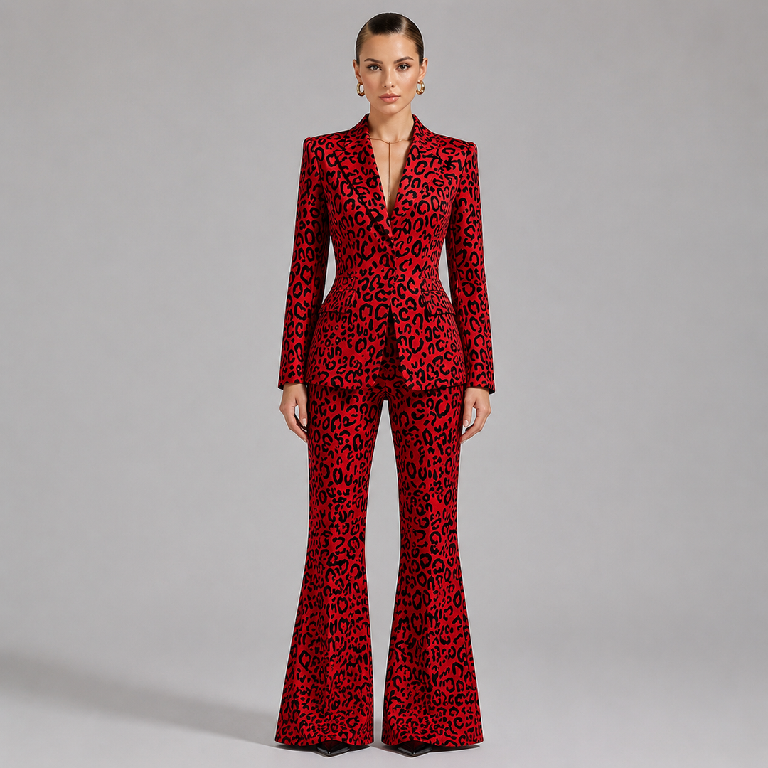 Leopard Print Single Button Blazer &amp; Flared Floor Pants 2-Piece Suit Set