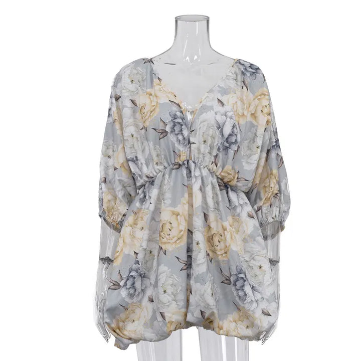 Sexy Open-Back V-Neck Puff-Sleeve Tie-Waist Dress
