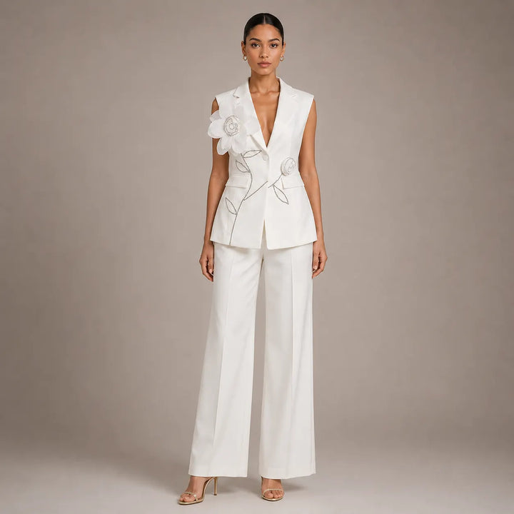Tailored Sleeveless Blazer Vest &amp; Wide Leg Trousers 2 Piece Floral Embroidery Suit Co-ord