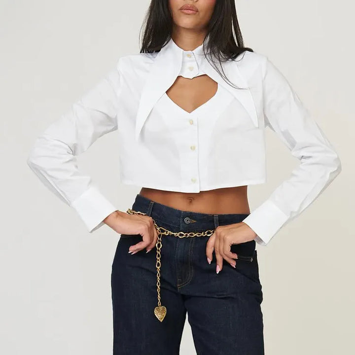 Pointed Collar Heart Cutout Long Sleeve Crop Shirt