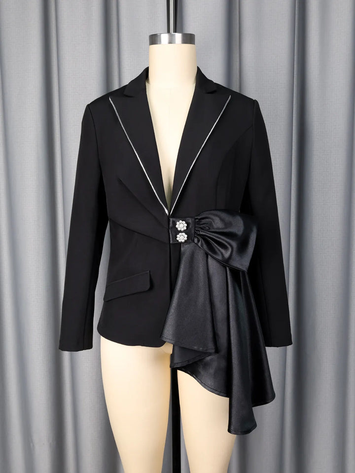 Contrast Satin Bow Rhinestone Trim Fitted Blazer Jacket