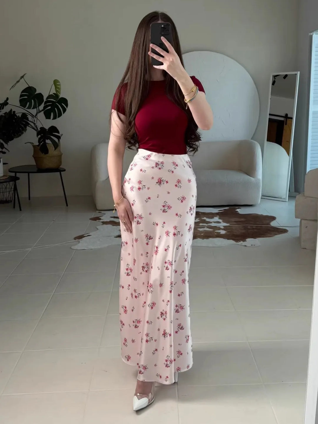 Base Ditsy Floral Print High Waist Satin Mermaid Midi Slip Skirt