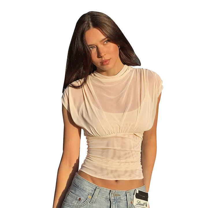 Solid-color Crew-neck Sleeveless Mesh Fitted Top