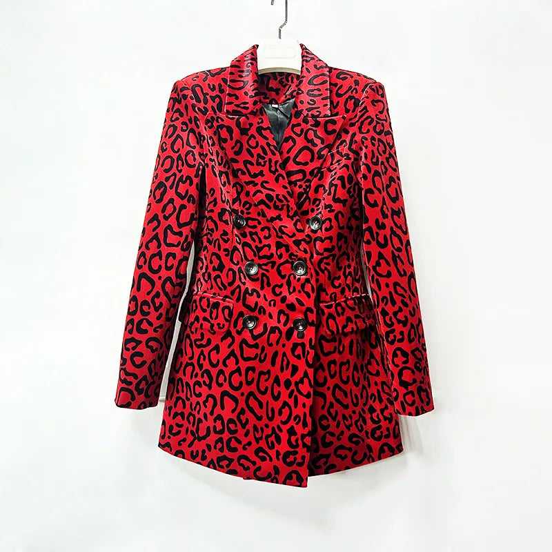 Leopard Print Double Breasted Blazer &amp; Midi Pencil Skirt 2-Piece Suit Set