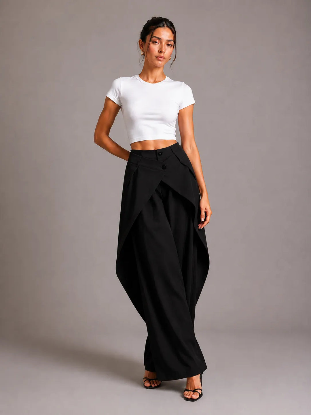 Asymmetric Cross Over Fold Waist Deconstructed Wide Leg Tailored Pants