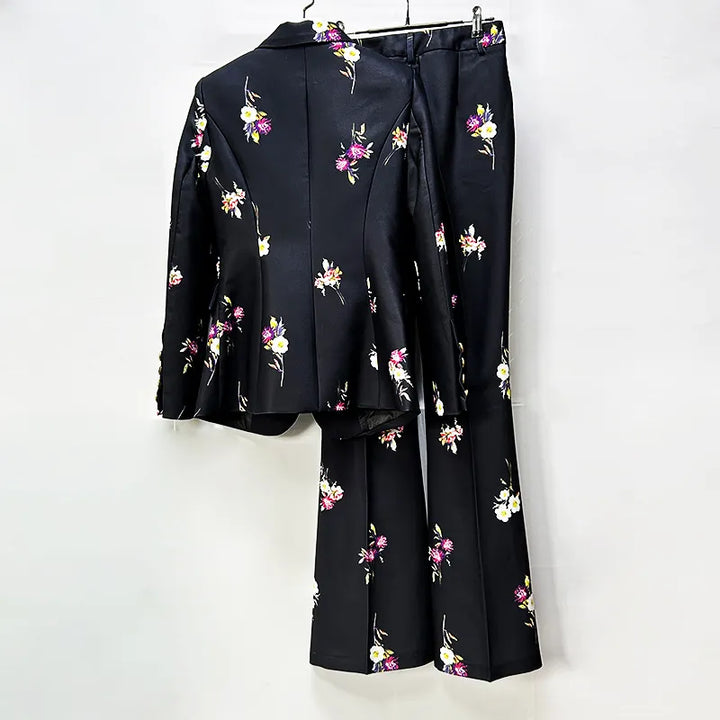 Floral Print Single Button Blazer &amp; Floor-Length Flared Pants 2-Piece Suit Set