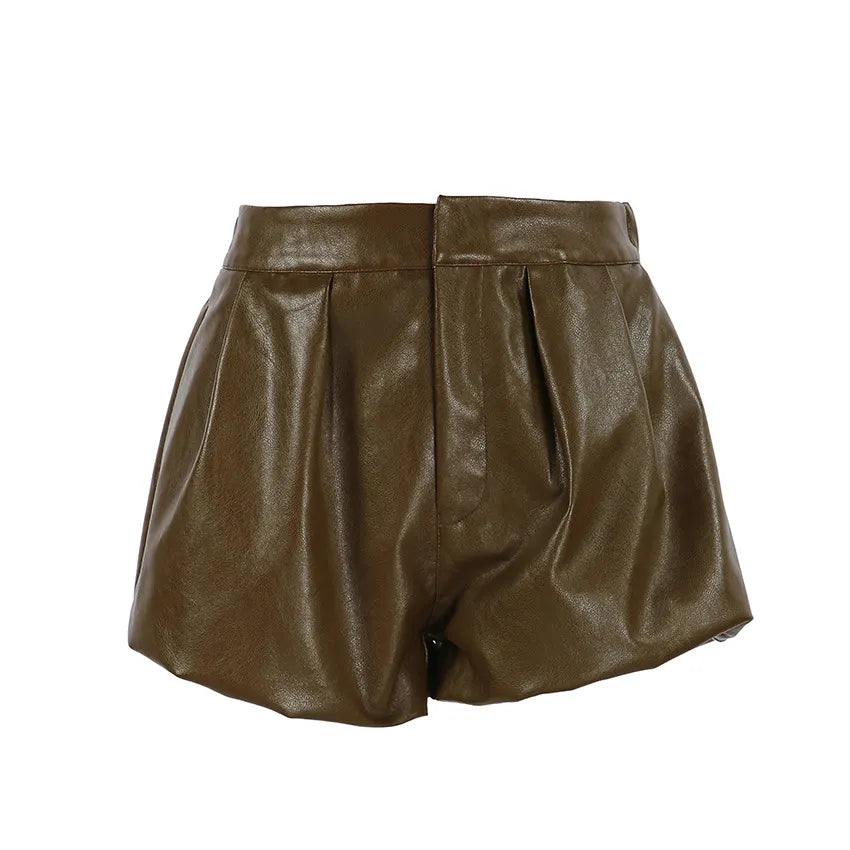 Stylish Solid-color Faux Leather Paper-bag Shorts