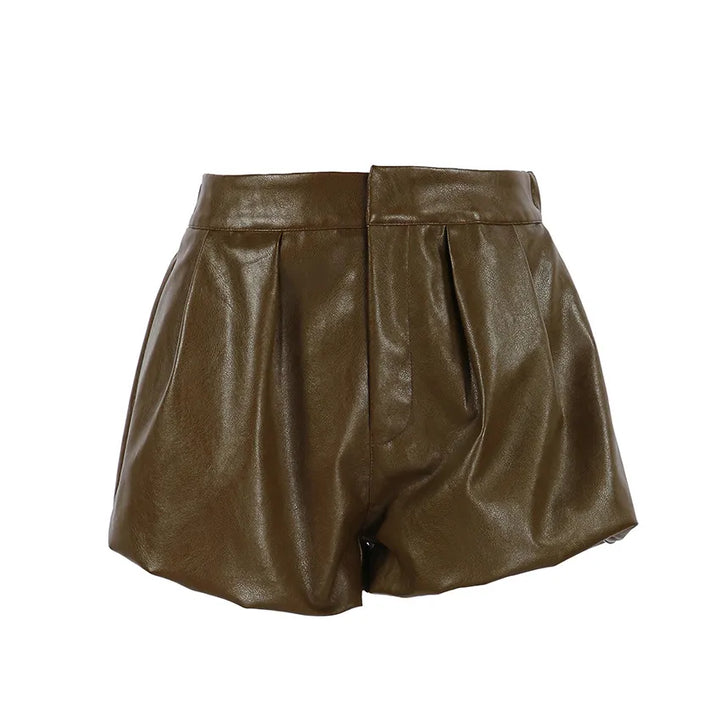Stylish Solid-color Faux Leather Paper-bag Shorts