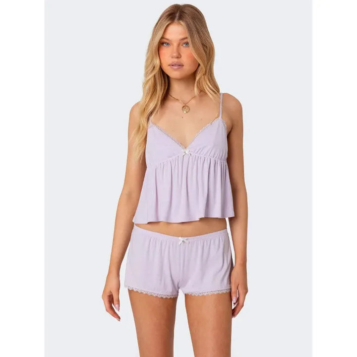 Bow-knot Lace Strap Shorts Set Womens Pajamas