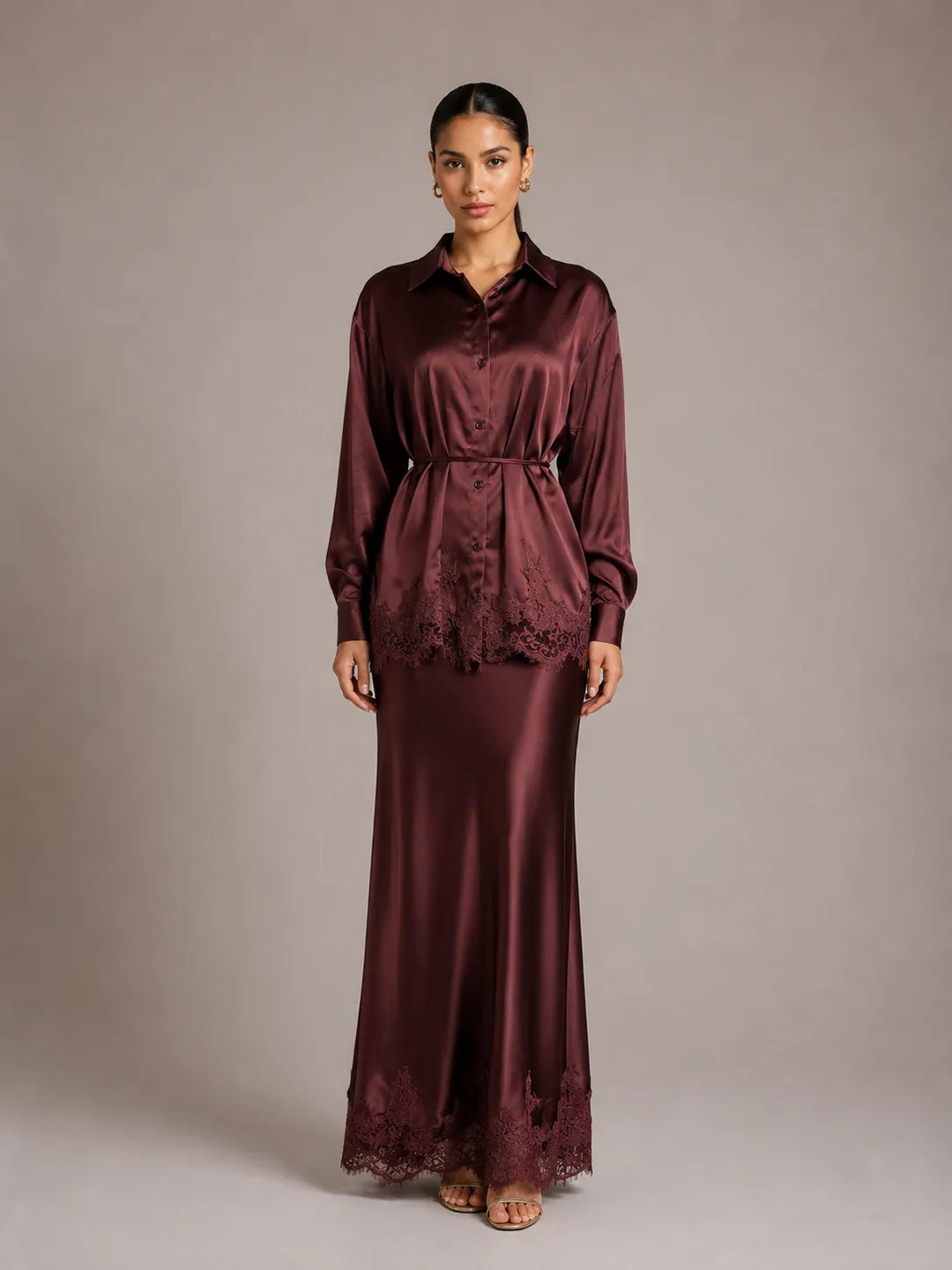 Gloss Satin Collared Lace Hem Shirt &amp; Maxi Skirt 2 Piece Matching Co-ord Set