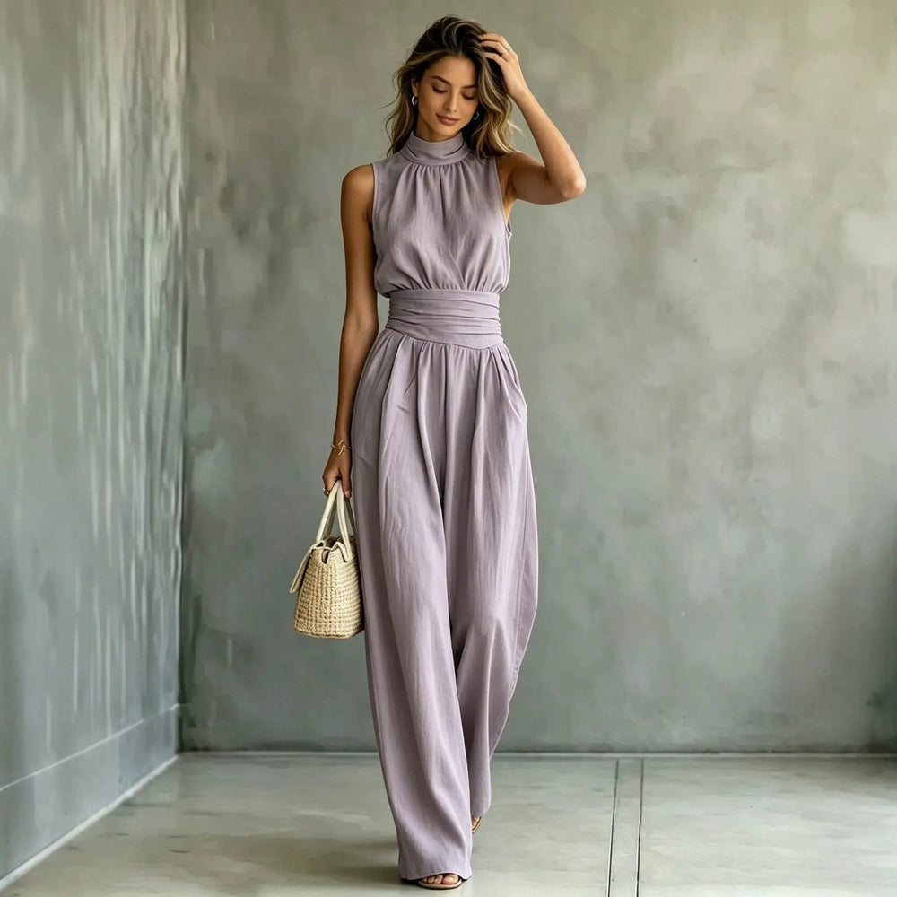 Sleeveless Mock-neck Solid-color Casual Wide-leg Jumpsuit