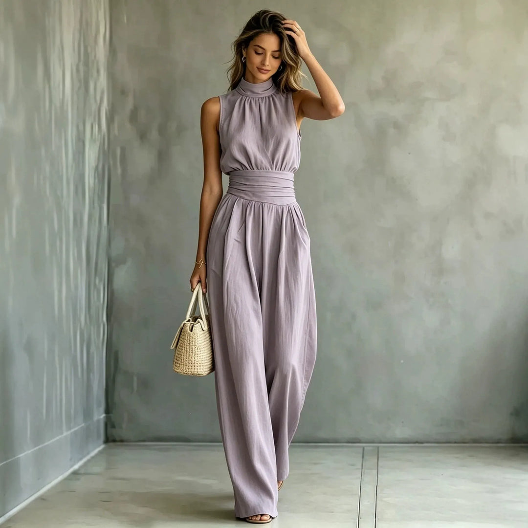 Sleeveless Mock-neck Solid-color Casual Wide-leg Jumpsuit