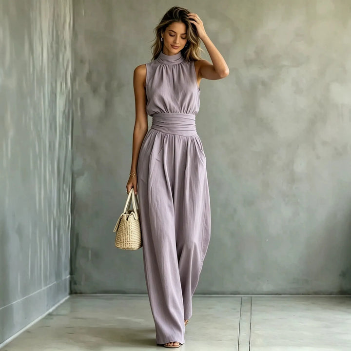 Sleeveless Mock-neck Solid-color Casual Wide-leg Jumpsuit