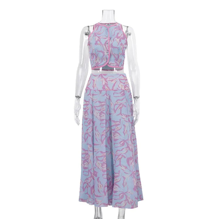 Abstract Print Sleeveless Crop Vest &amp; Flared Midi Skirt 2-Piece Set
