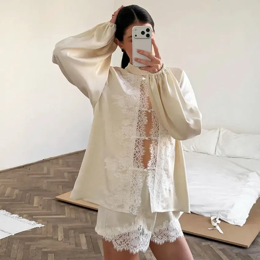 Off-white Ice-silk Satin Lace-trimmed Tie-front Womens Pajama Sethome Wear