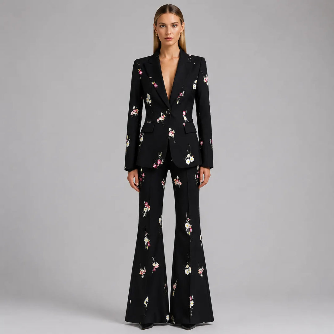 Floral Print Single Button Blazer &amp; Floor-Length Flared Pants 2-Piece Suit Set