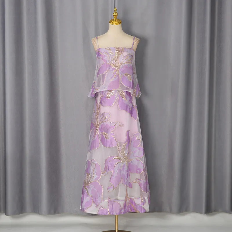 Floral Organza Spaghetti Strap Cropped Top &amp; Midi Skirt Two-Piece Set