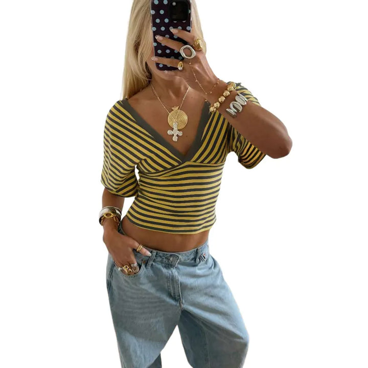 Cinched-waist Striped Print Trendy Off-shoulder Top