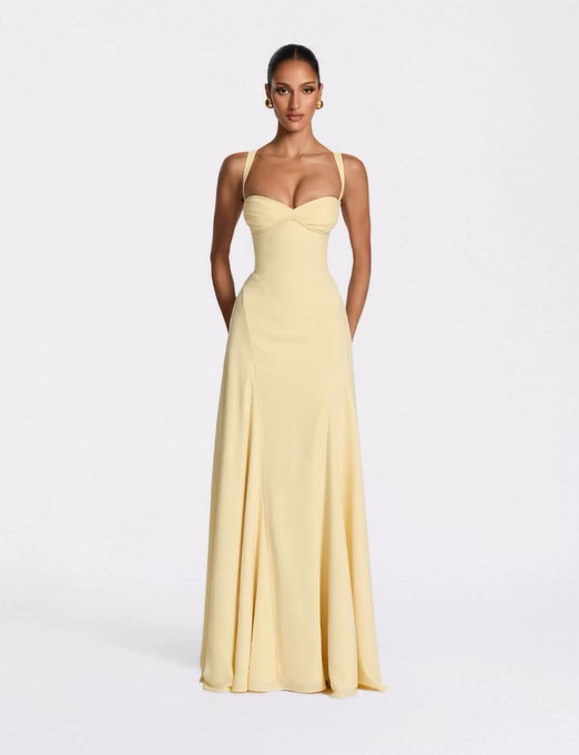 Backless Solid Color Asymmetrical Strap Long Dress