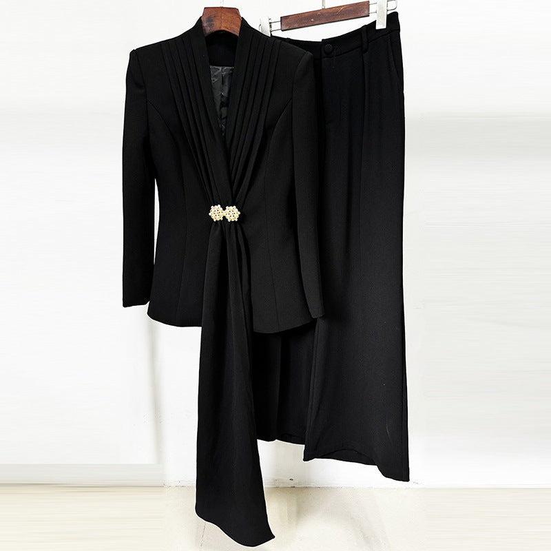 Stand Collar Pleated Front Pearl Buckle Draped Blazer &amp; Wide Leg Floor Pants 2-Piece Suit Set