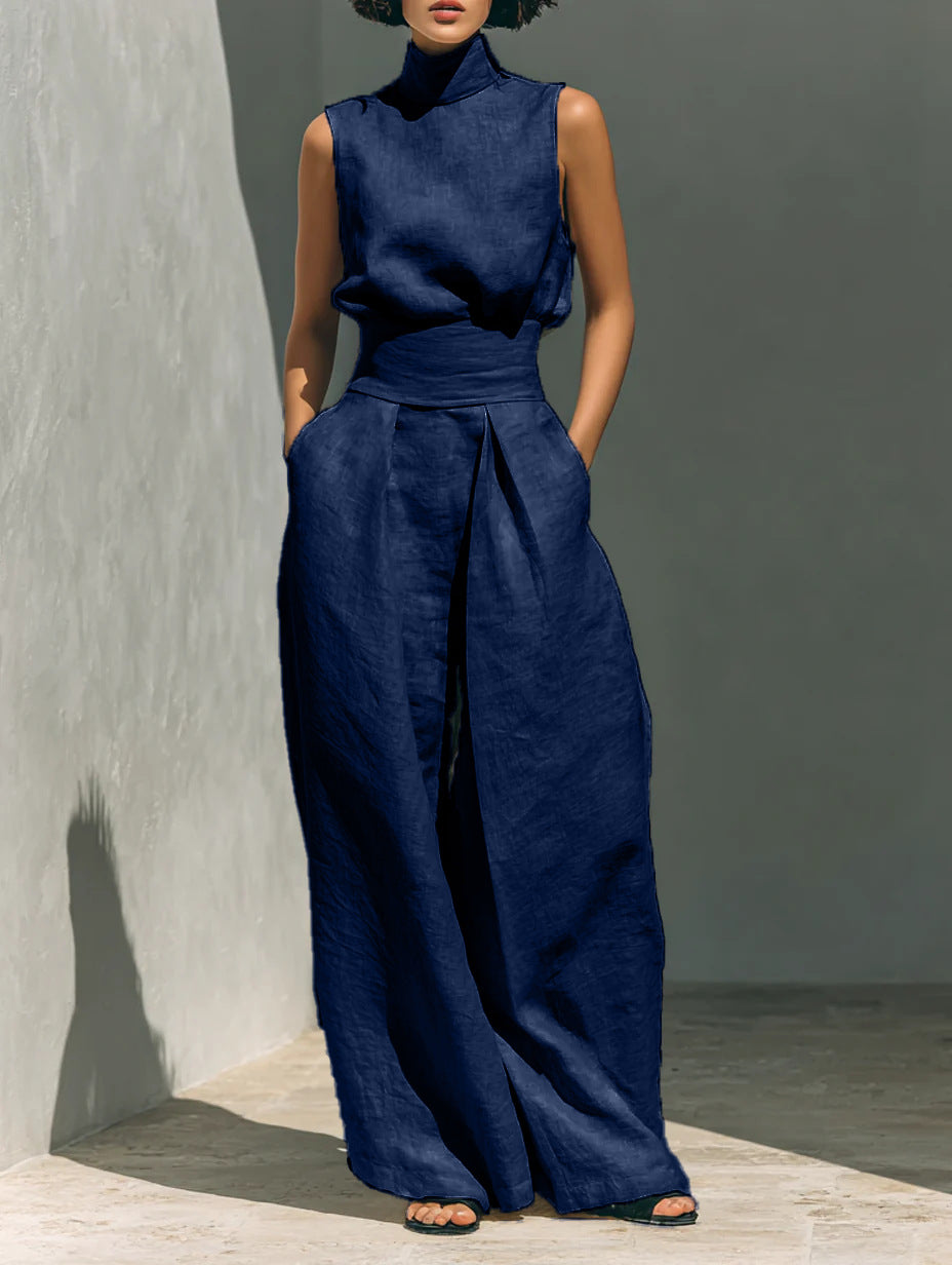 Casual Sleeveless Suit Summer Stand-up Collar Pullover Top And Loose Straight-leg Trousers