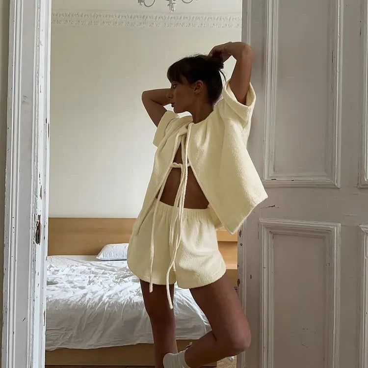 Terry Cloth Tie Front Short Sleeve Jacket &amp; Elastic Waist Casual Shorts 2-Piece Loungewear Set