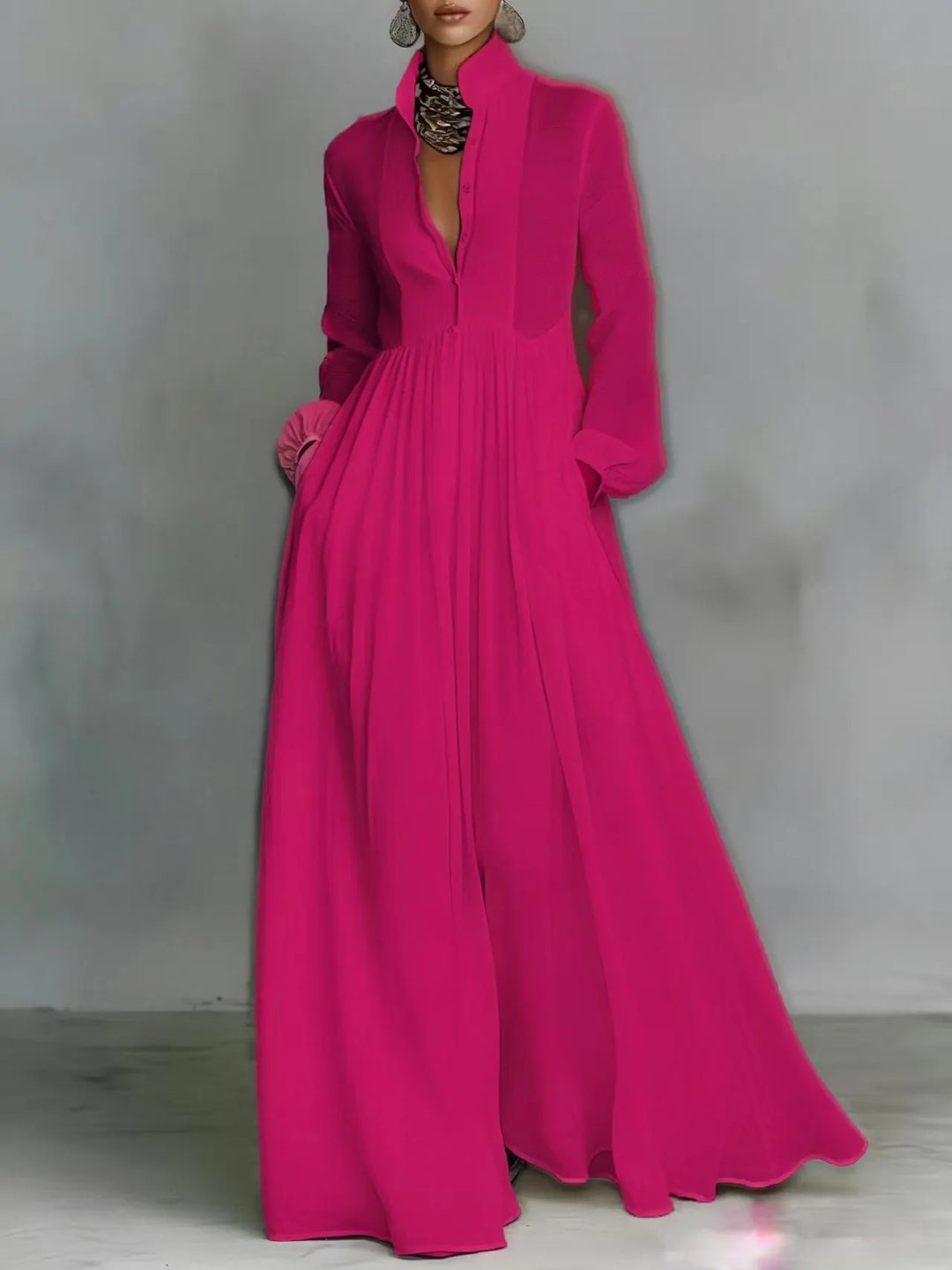 Casual Long-Sleeve Pleated Dress with Cinched Waist