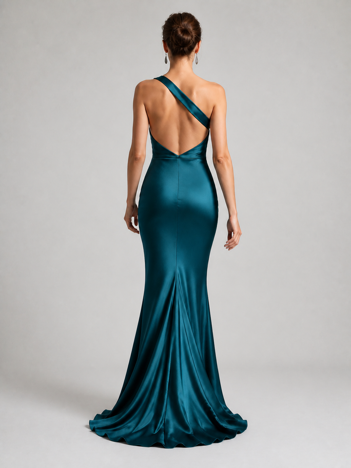 Marina Teal Satin Mermaid Gown – view 3