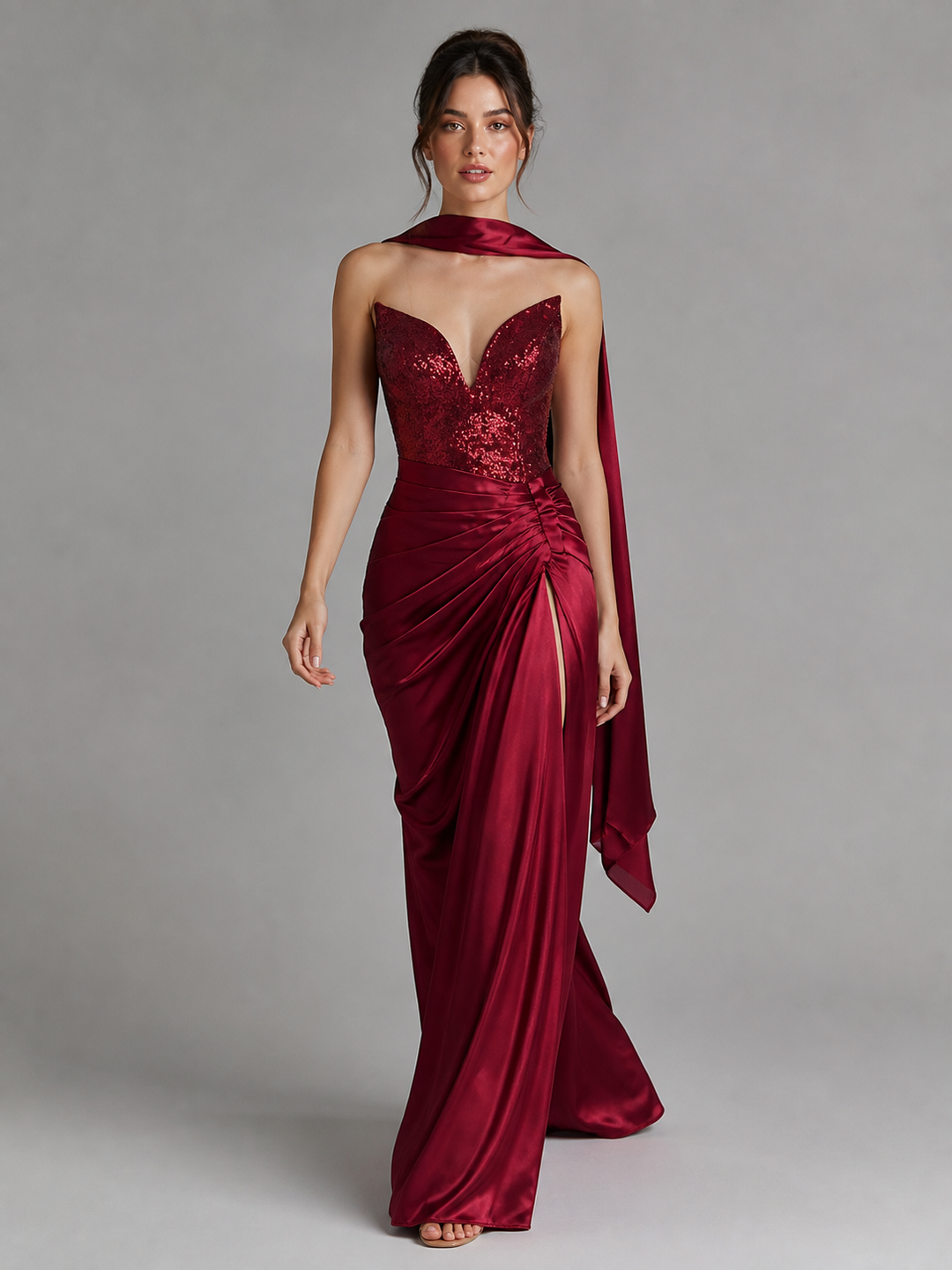 Seraphine Burgundy Embellished Slit Gown – view 1