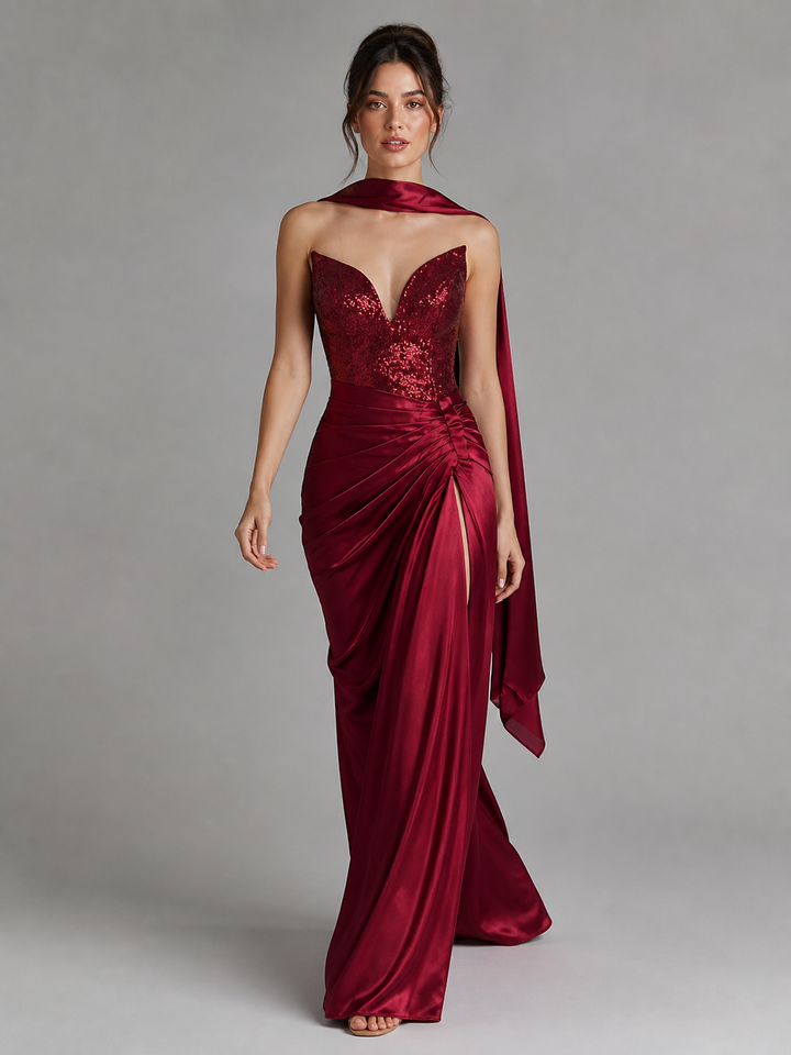 Seraphine Burgundy Embellished Slit Gown – view 1