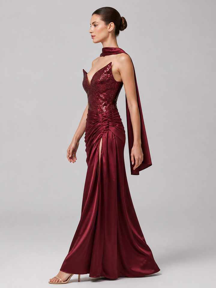 Seraphine Burgundy Embellished Slit Gown – view 2