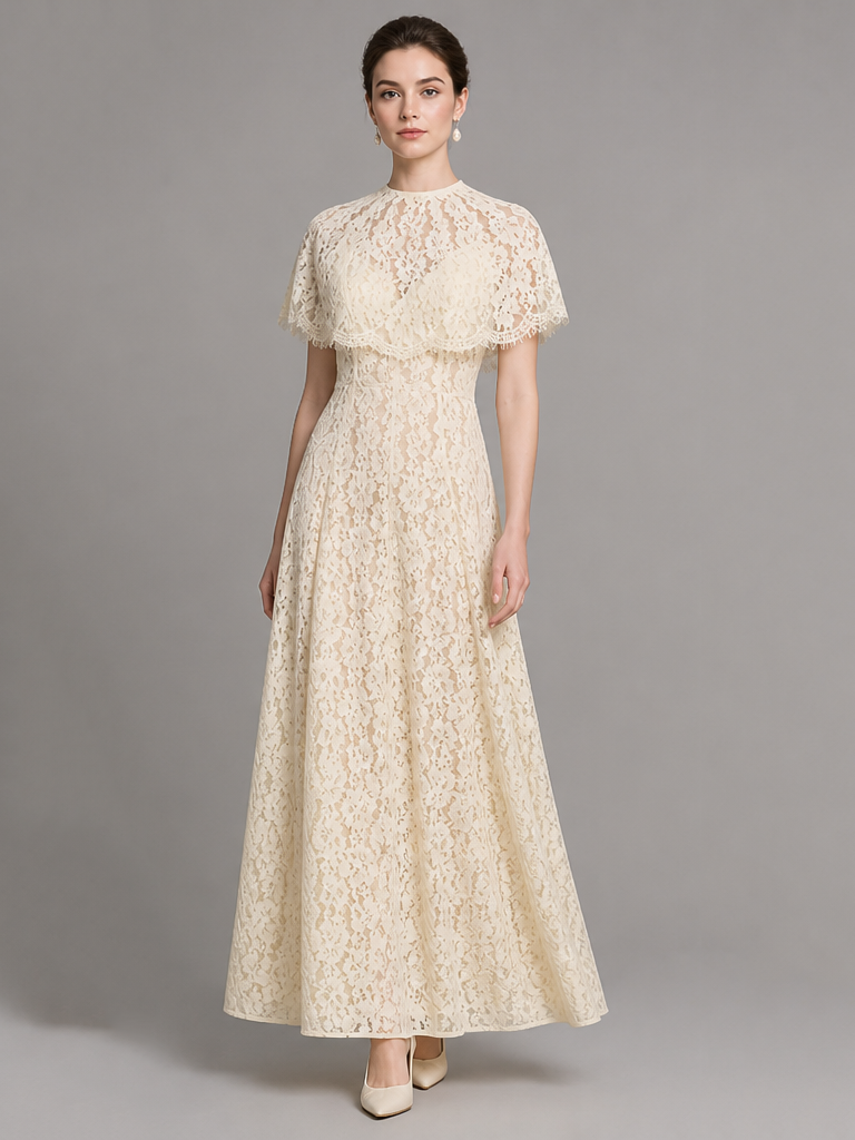 Genevieve Ivory Lace Cape Midi Dress – view 1