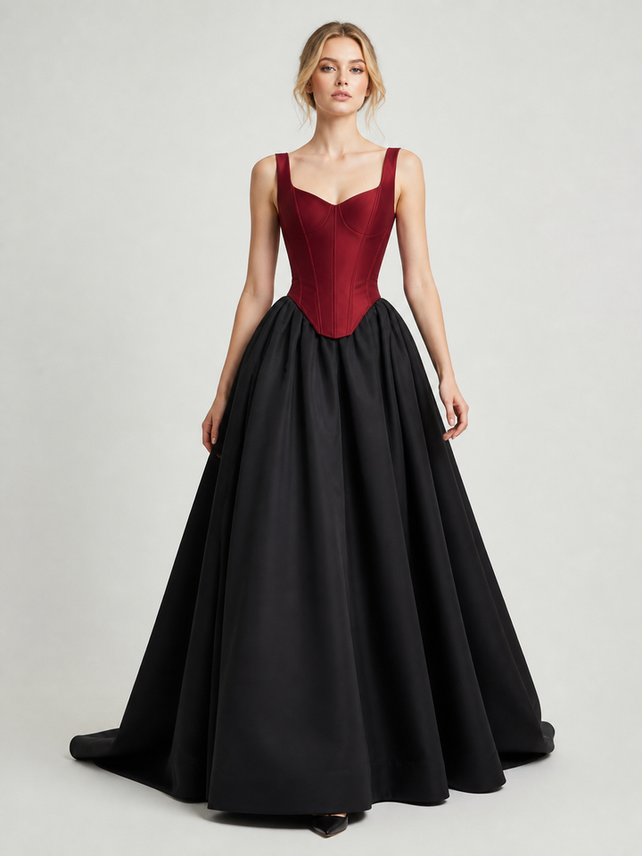Dominique Black-and-Burgundy Lace Ball Gown – view 3
