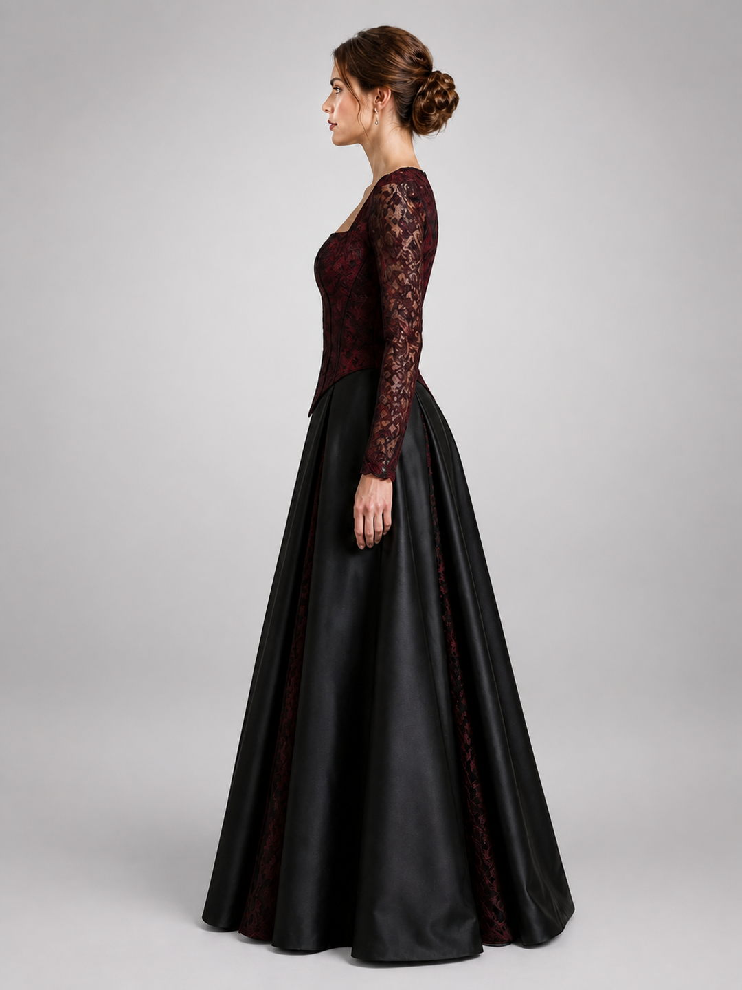 Marguerite Black-and-Burgundy Lace Ball Gown – view 1