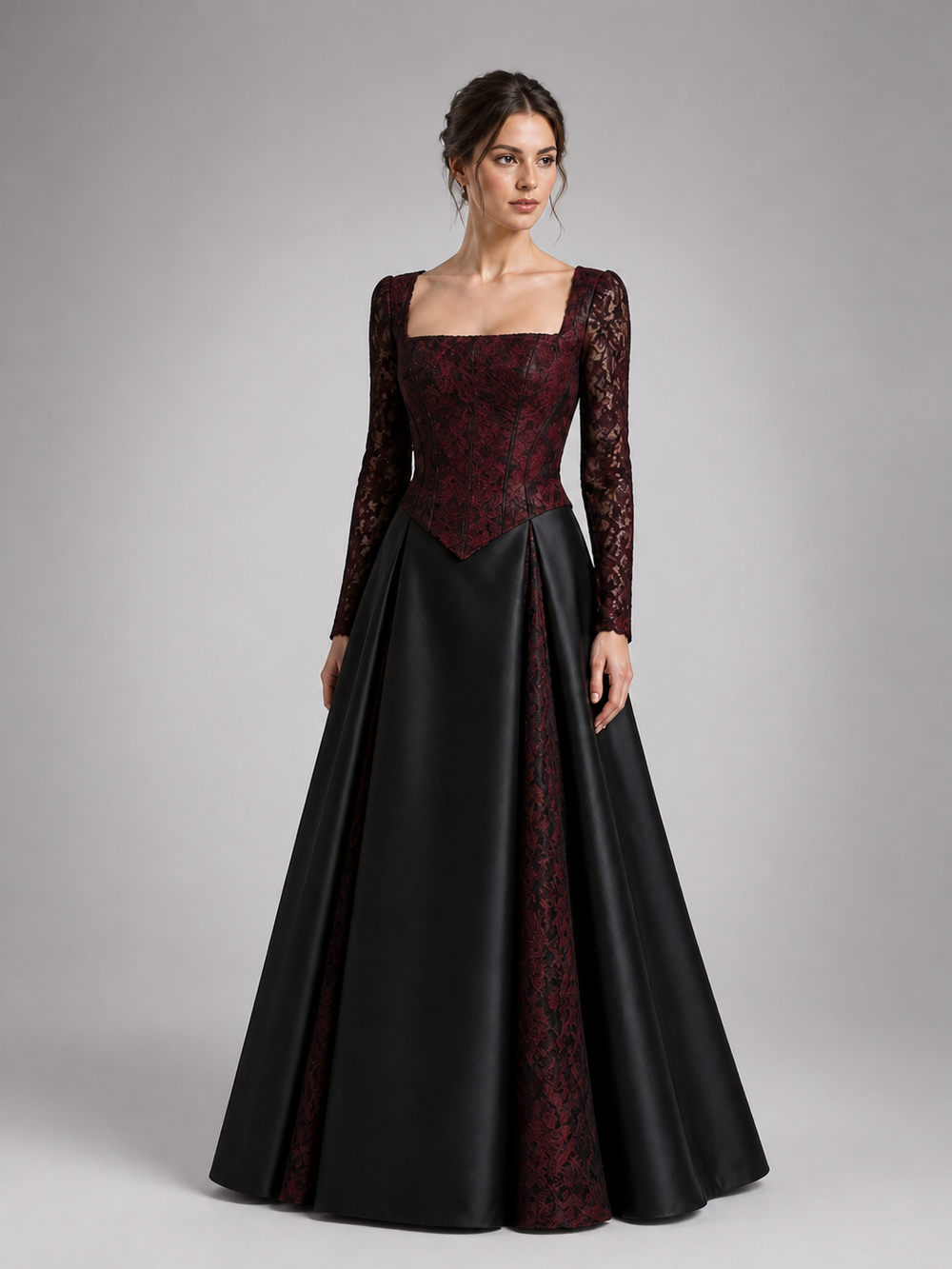 Marguerite Black-and-Burgundy Lace Ball Gown – view 2